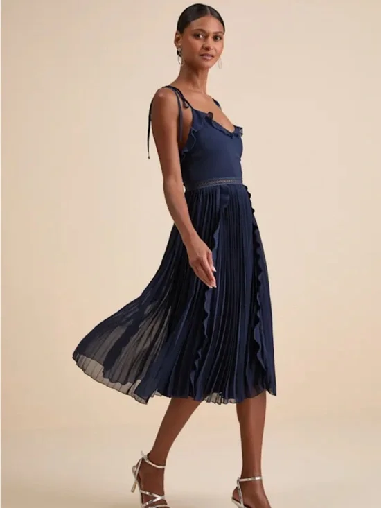 Lulus Dress Never A Dull Moment Navy Tie-Strap Pleated Midi Women’s Size XS NWT - Picture 3 of 14